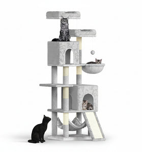 Gray cat tree with multiple levels and a black cat on a white background