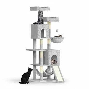 Gray cat tree with multiple levels and a black cat on a white background