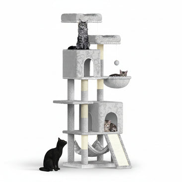 Gray cat tree with multiple levels and a black cat on a white background