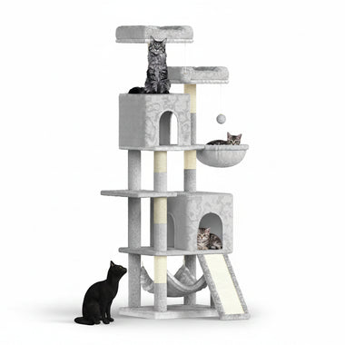 Gray cat tree with multiple levels and a black cat on a white background