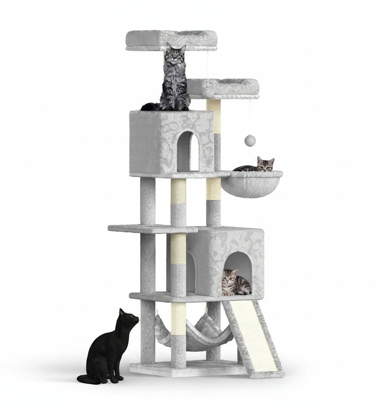 Gray cat tree with multiple levels and a black cat on a white background