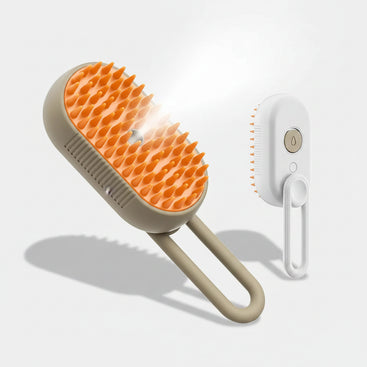 Pet grooming brush with orange bristles and beige handle, shown with a dog and close-up details on a light green background.