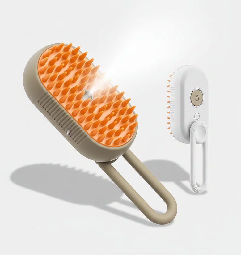 Pet grooming brush with orange bristles and beige handle, shown with a dog and close-up details on a light green background.