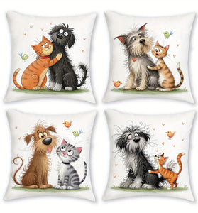 Set of four decorative pillows with cartoon dogs and cats on a white background