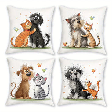 Set of four decorative pillows with cartoon dogs and cats on a white background