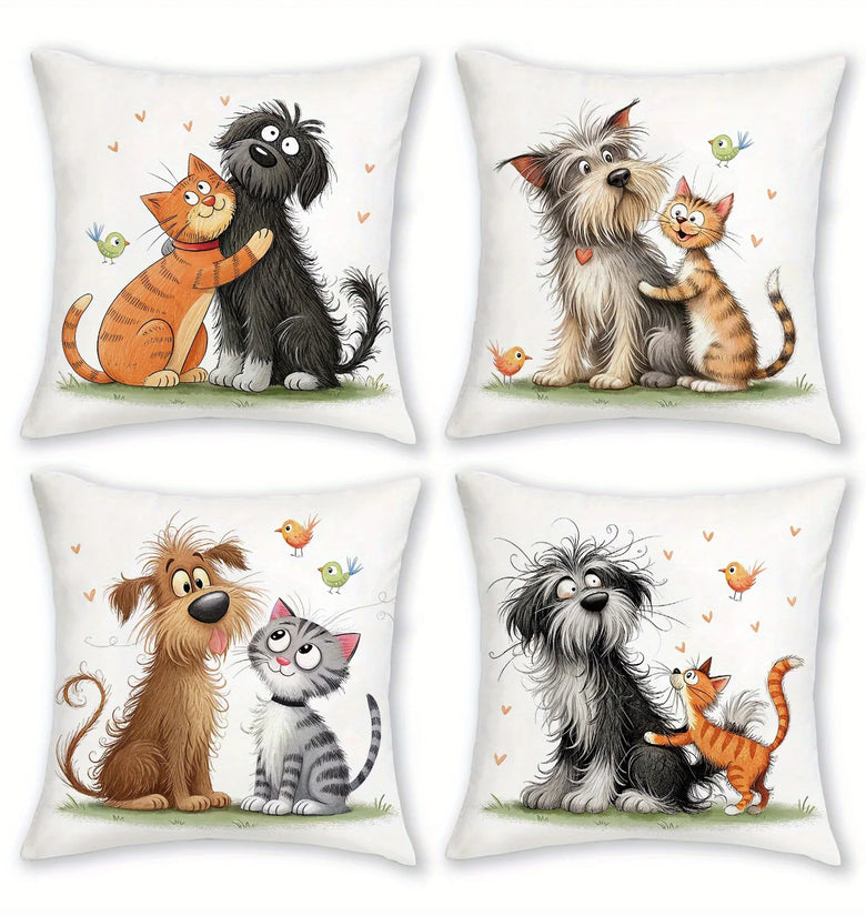 Set of four decorative pillows with cartoon dogs and cats on a white background