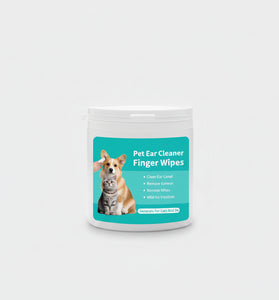 A white plastic jar of Pet Ear Cleaner Finger Wipes with a teal label showing a dog and a cat, set against a light gray background.