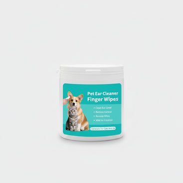 A white plastic jar of Pet Ear Cleaner Finger Wipes with a teal label showing a dog and a cat, set against a light gray background.