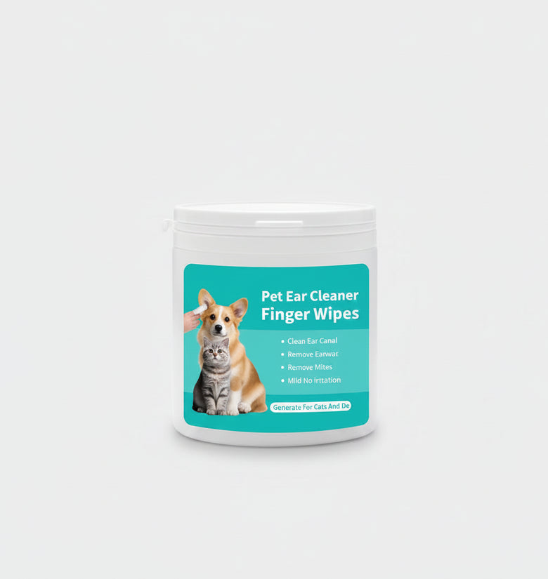 A white plastic jar of Pet Ear Cleaner Finger Wipes with a teal label showing a dog and a cat, set against a light gray background.