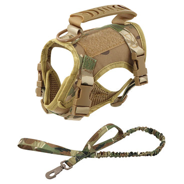Camouflage dog harness and leash set on a white background