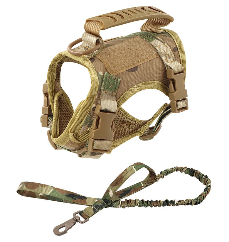 Camouflage dog harness and leash set on a white background