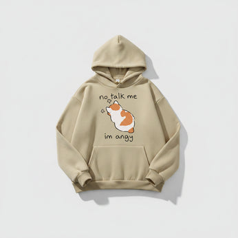 Beige hoodie with a cartoon dog and text on a casual setting