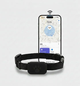 Cat wearing a black pet collar with a smartphone displaying a pet tracking app.