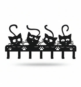 Black silhouette of four cats on a bench with dimensions indicated.