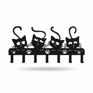 Black silhouette of four cats on a bench with dimensions indicated.