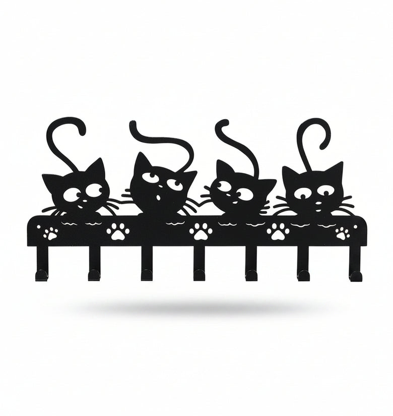 Black silhouette of four cats on a bench with dimensions indicated.