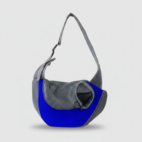 Blue and gray pet backpack with illustrations of pets of different sizes on a white background