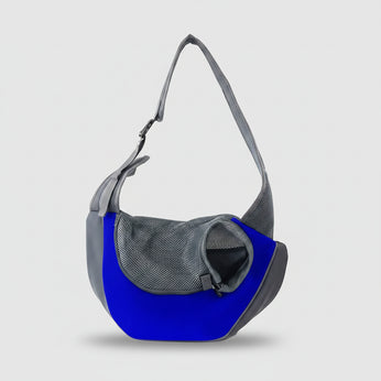 Blue and gray pet backpack with illustrations of pets of different sizes on a white background