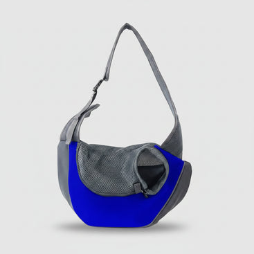 Blue and gray pet backpack with illustrations of pets of different sizes on a white background