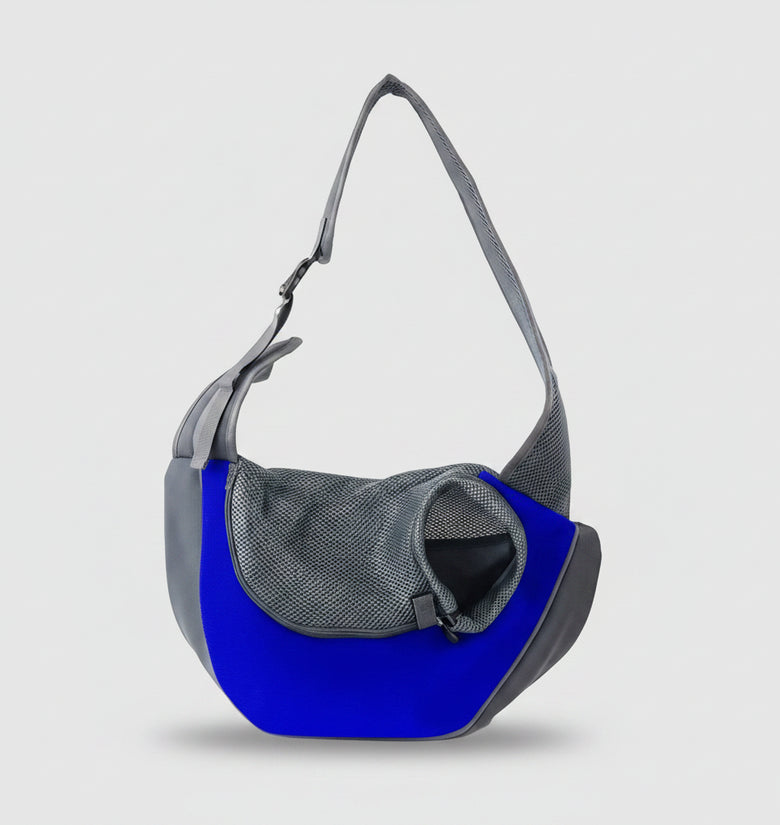 Blue and gray pet backpack with illustrations of pets of different sizes on a white background