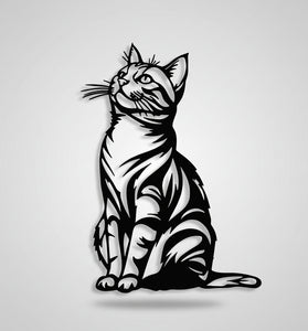 Black and white tattoo design of a sitting cat on a textured light gray background