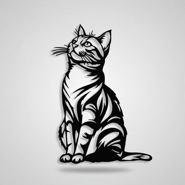 Black and white tattoo design of a sitting cat on a textured light gray background