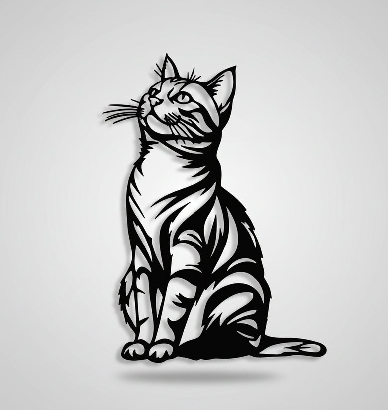 Black and white tattoo design of a sitting cat on a textured light gray background
