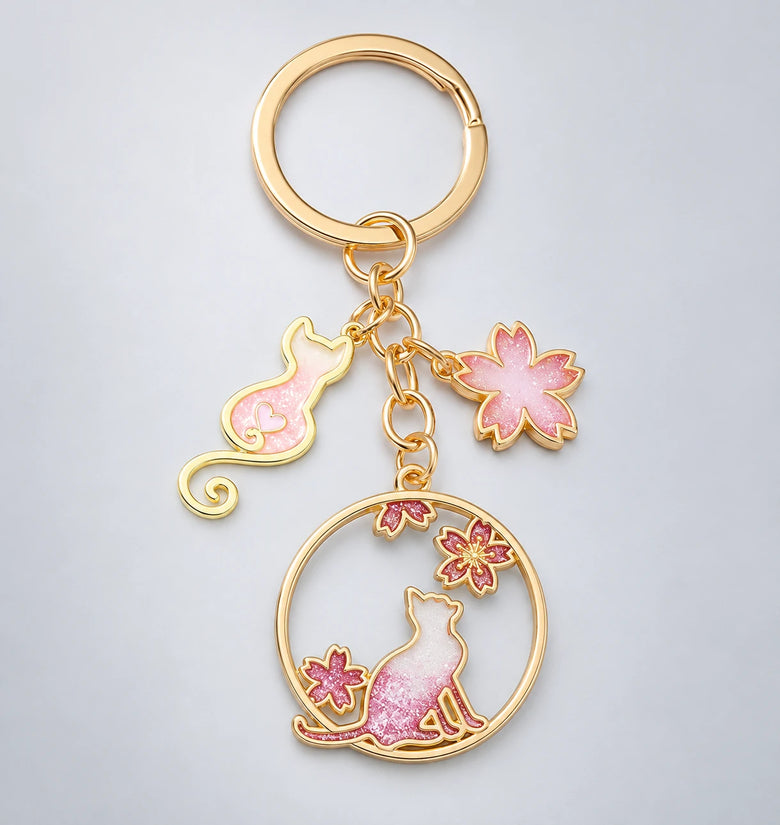 Cherry Blossom Cat Keychain