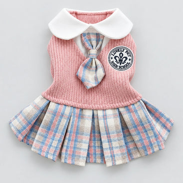 Plaid Pet Dress with Knitted Top