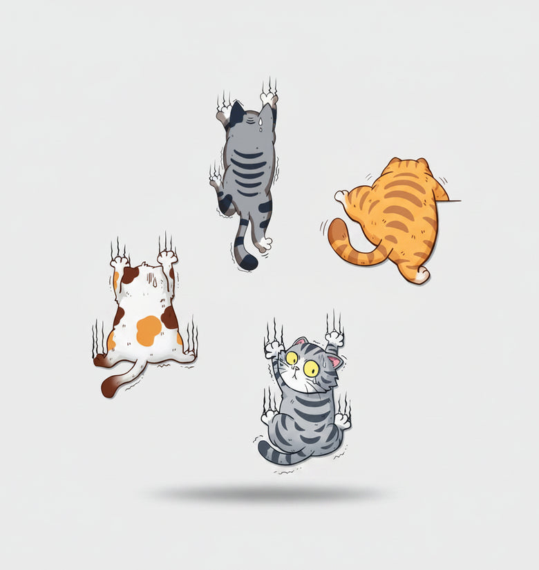 Wall stickers of cartoon cats on a wall in a room with a child's play area.