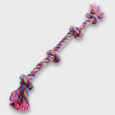 Colorful braided rope toy on a white background