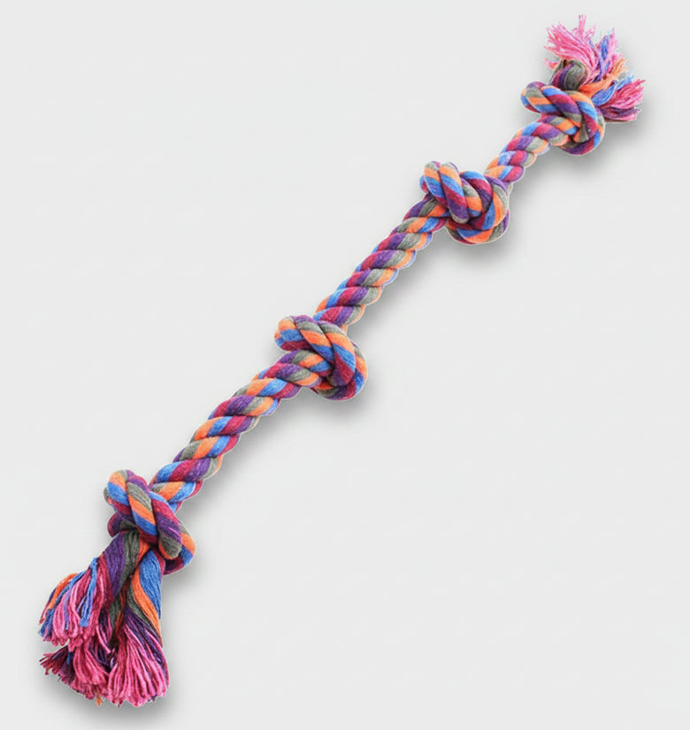 Colorful braided rope toy on a white background