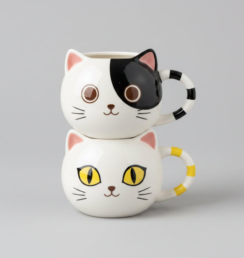 Two stacked ceramic cat-face mugs on a light gray background. The top mug has a black-and-white cat face with pink ears and a black-and-white striped handle.