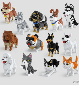 Collection of various dog and cat figurines on a green background with text 'Multiple Styles and Designs'.