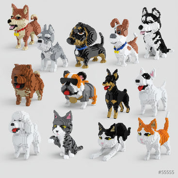 Collection of various dog and cat figurines on a green background with text 'Multiple Styles and Designs'.
