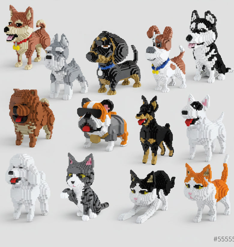 Collection of various dog and cat figurines on a green background with text 'Multiple Styles and Designs'.