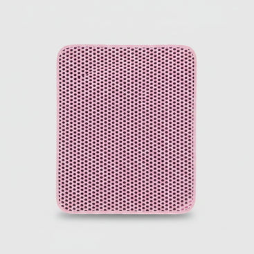 Pink cat litter box mat with text and images of different types of cat litter.