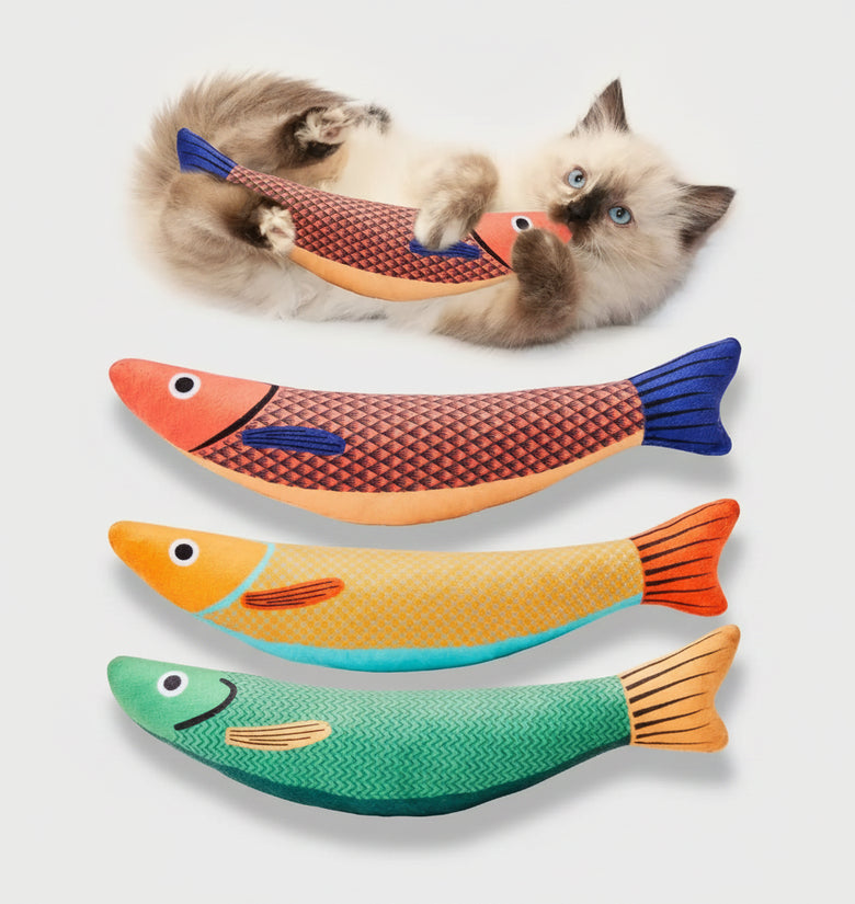 Three fish-shaped cat toys with a cat playing with one of them on a white background.