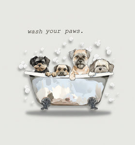 Cartoon dogs in a bath with bubbles and 'wash your paws' text on a white background