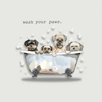 Cartoon dogs in a bath with bubbles and 'wash your paws' text on a white background