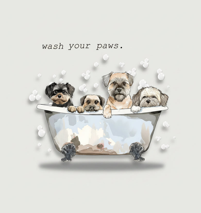 Cartoon dogs in a bath with bubbles and 'wash your paws' text on a white background