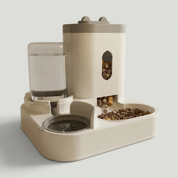 Pet feeding and water station with food and water containers on a wooden floor.
