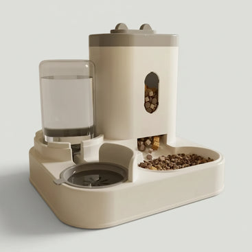 Pet feeding and water station with food and water containers on a wooden floor.