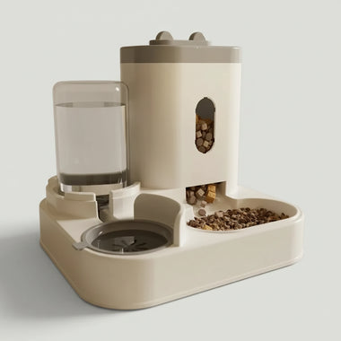 Pet feeding and water station with food and water containers on a wooden floor.