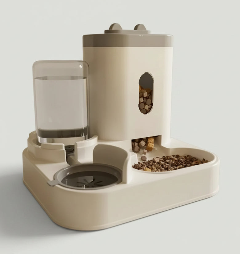 Pet feeding and water station with food and water containers on a wooden floor.