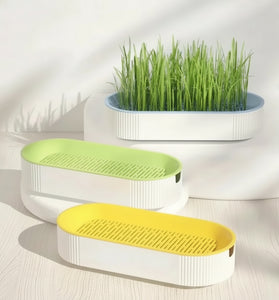 Three oval planter boxes with ribbed white sides and perforated tops in yellow, green, and blue, arranged on white pedestals with green grass growing in the back planter against a softly lit white background.