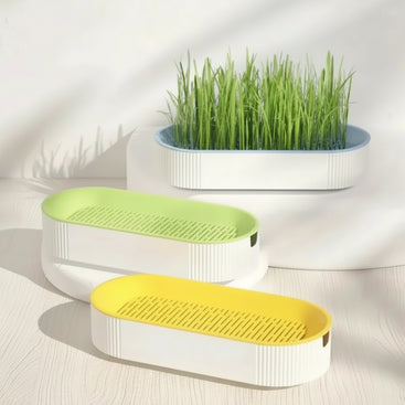 Three oval planter boxes with ribbed white sides and perforated tops in yellow, green, and blue, arranged on white pedestals with green grass growing in the back planter against a softly lit white background.