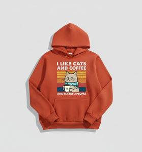 Red hoodie with a graphic of a cat holding a coffee cup and text on a light background