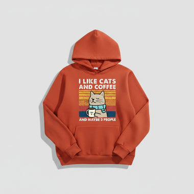 Red hoodie with a graphic of a cat holding a coffee cup and text on a light background