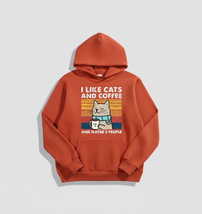 Red hoodie with a graphic of a cat holding a coffee cup and text on a light background